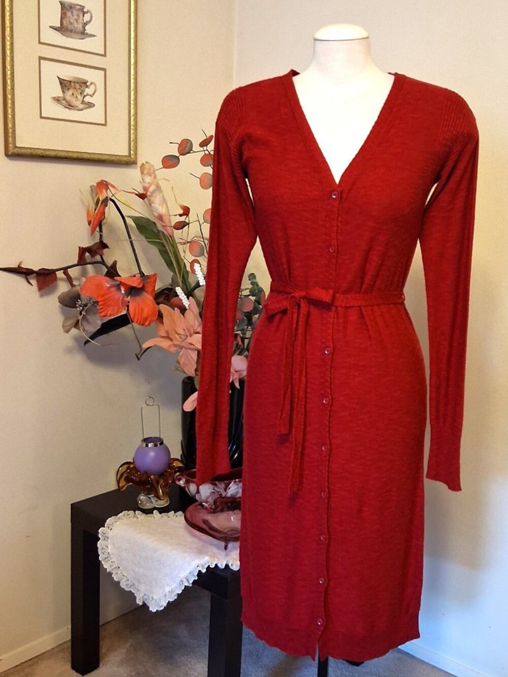 NWOT Kensie Button Front Knit Cardigan Sweater Coat Midi Cashmere Dress M Red